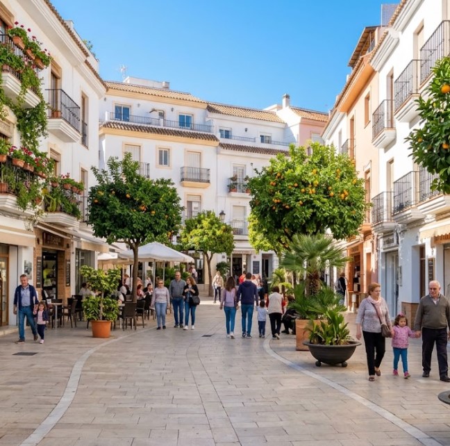 Vistas de las plazas, calles arboladas y edificios residenciales del barrio de San Cayetano en Fuengirola, Málaga